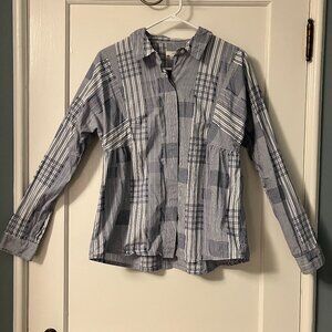 Anthropologie Odille blue white patchwork plaid button down shirt size 8